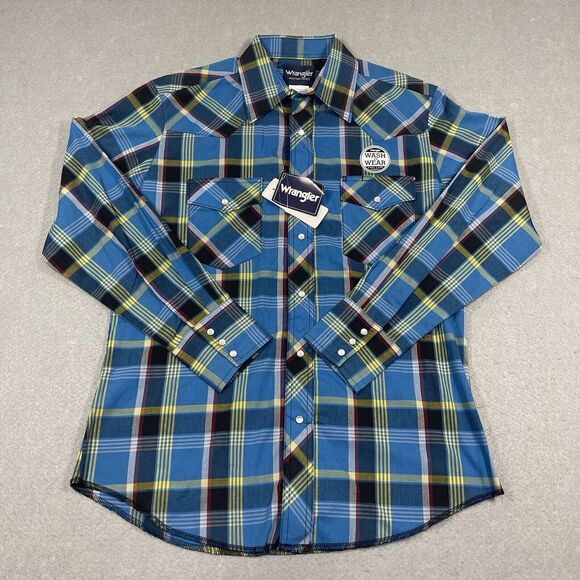 Wrangler Other - Wrangler Shirt Mens Medium Blue Western Tartan Plaid Pearl Snap Cowboy NEW
